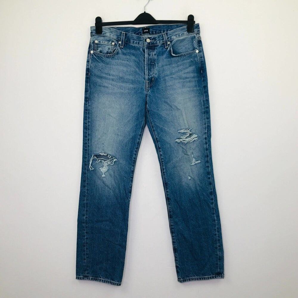 Edwin Women's 29 Blue Jeans Tash Symbol Distressed 90s Straight Button Fly H